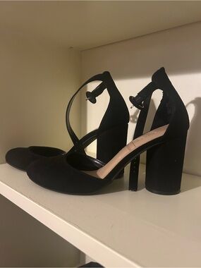 LC Lauren Conrad Black Suede Ankle-Strap Block Heel Pumps
